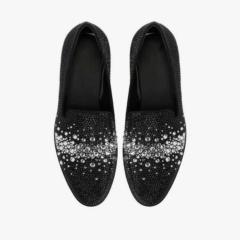 Black Suede Rhinestone-Embellished Loafers