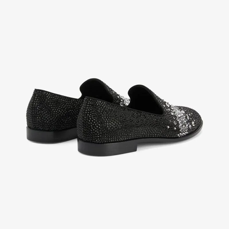 Black Suede Rhinestone-Embellished Loafers