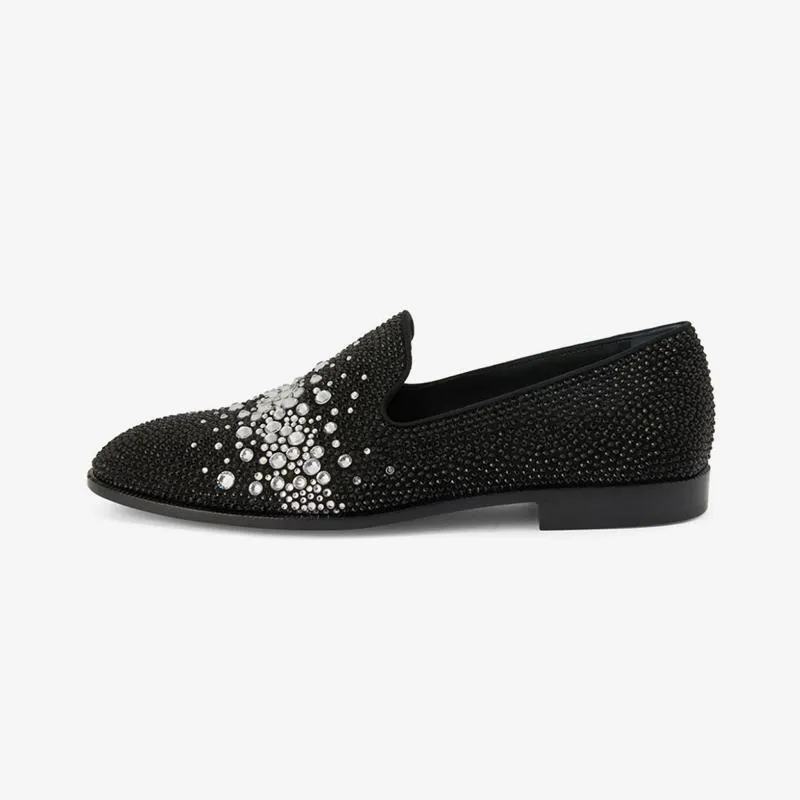 Black Suede Rhinestone-Embellished Loafers