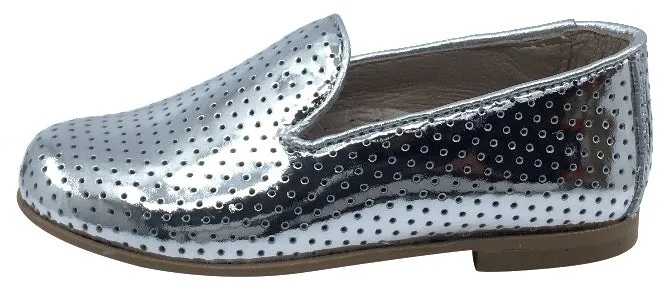 Hoo Shoes Smoking Loafer, Silver Perforated Leather
