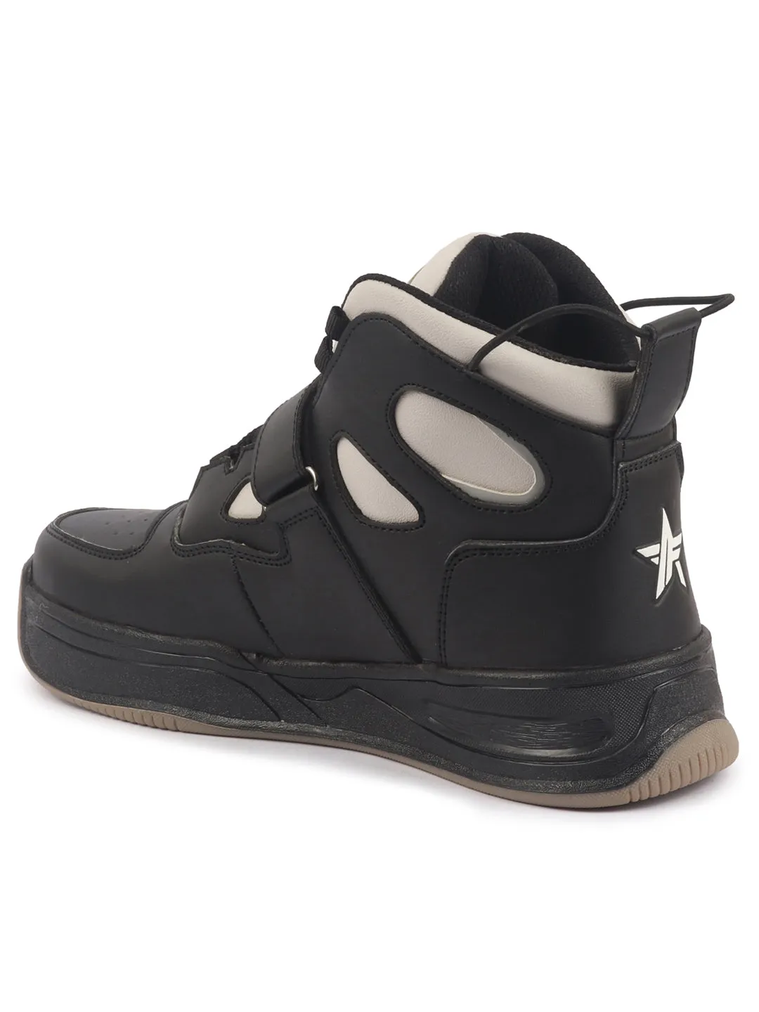 Men Cream Black High Ankle Casual Chunky Lace Up Sneakers with Hook and Loop Closure Strap|Rubber Outsole High Top Basketball Shoes
