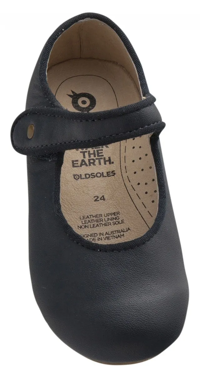 Old Soles Girl's 803 Lady Jane Navy Leather Hook and Loop Decorative Button Mary Jane Flat Shoe