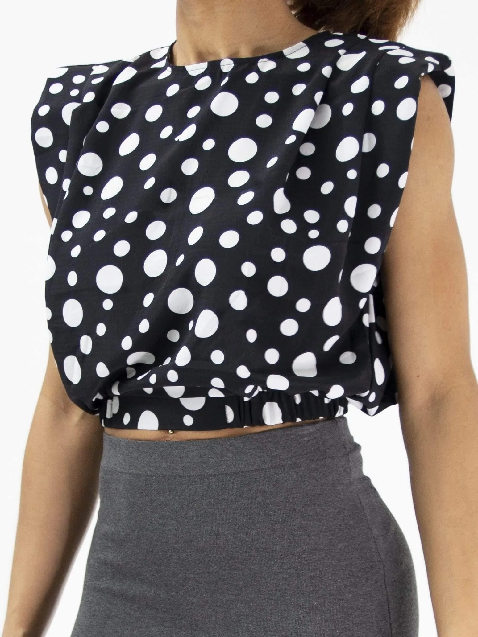 Plastered with Polka | Shoulder Padded Black Crop Top