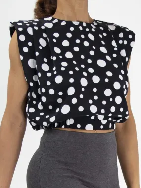 Plastered with Polka | Shoulder Padded Black Crop Top