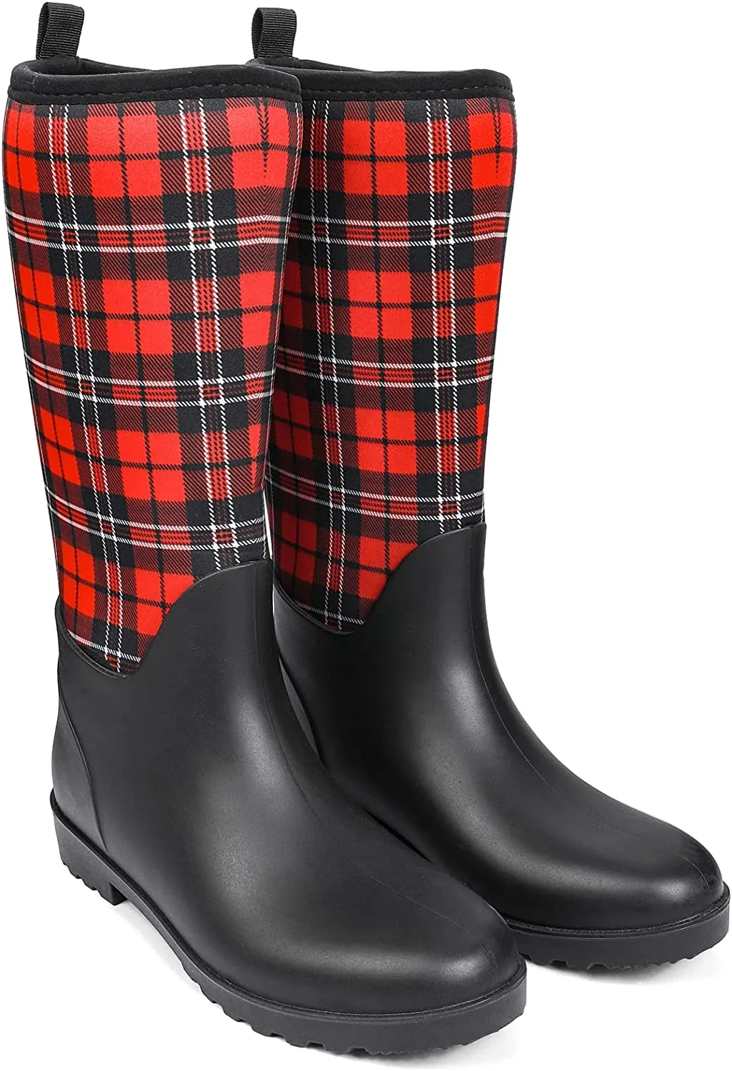 Red Plaid Waterproof Slip-On Women's Rain Boots