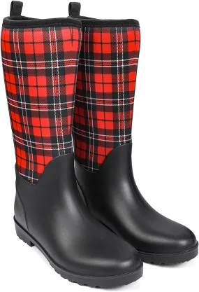 Red Plaid Waterproof Slip-On Women's Rain Boots