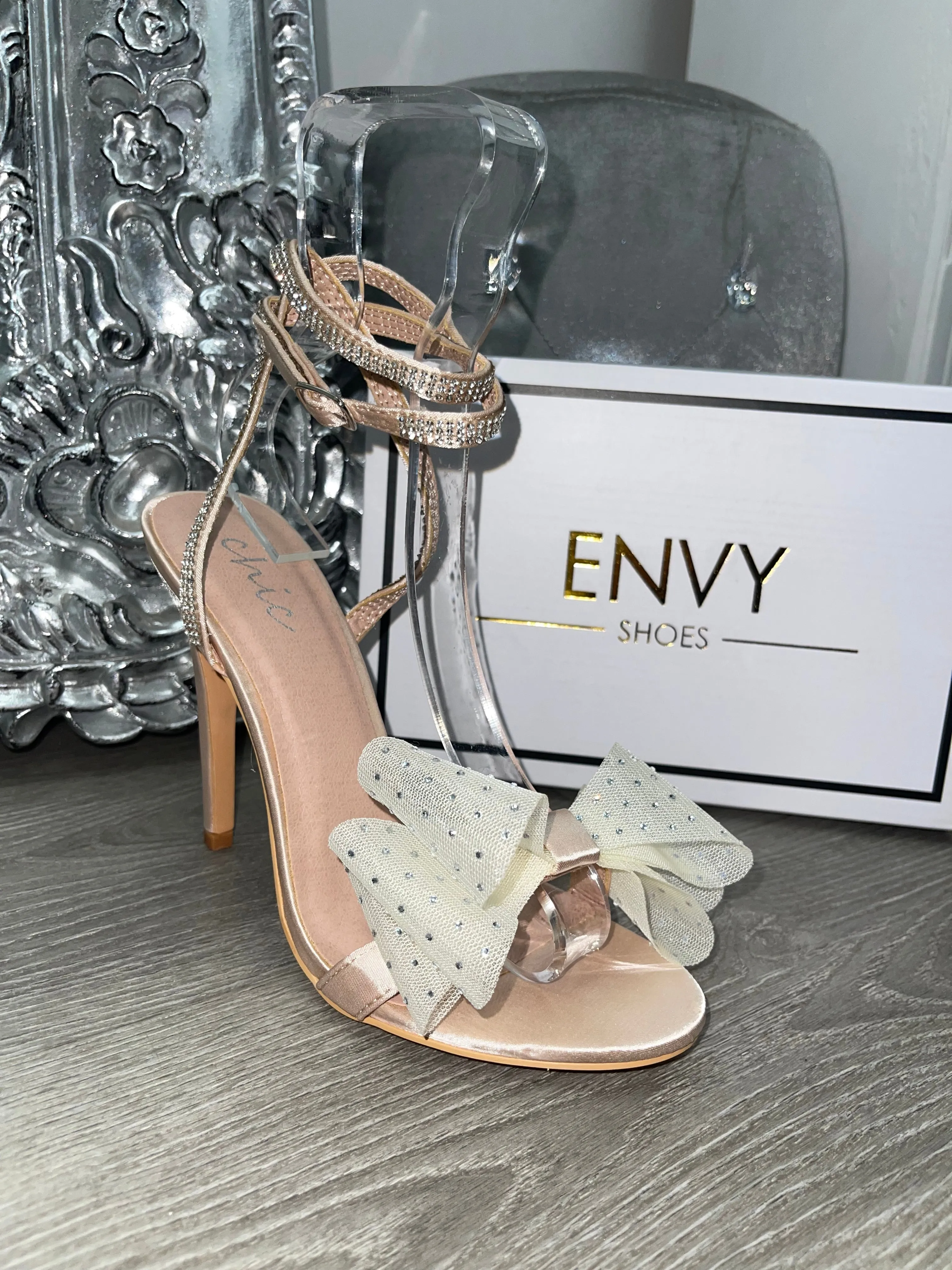 SERENDIPITY CHAMPAGNE SATIN DIAMANTE LACE UP BOW HEELS