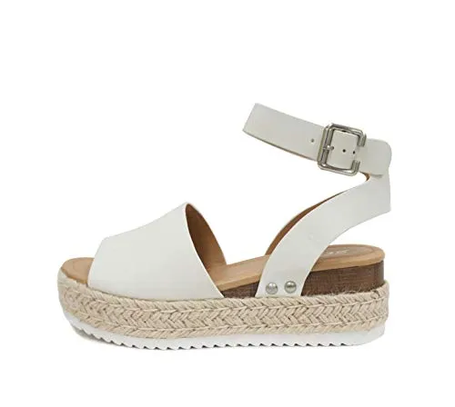 Soda Topic Open Toe Buckle Ankle Strap Espadrilles Flatform Wedge Casual Sandal (6.5, Off White)