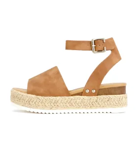 Soda Topic Open Toe Buckle Ankle Strap Espadrilles Flatform Wedge Casual Sandal (7, Tan)
