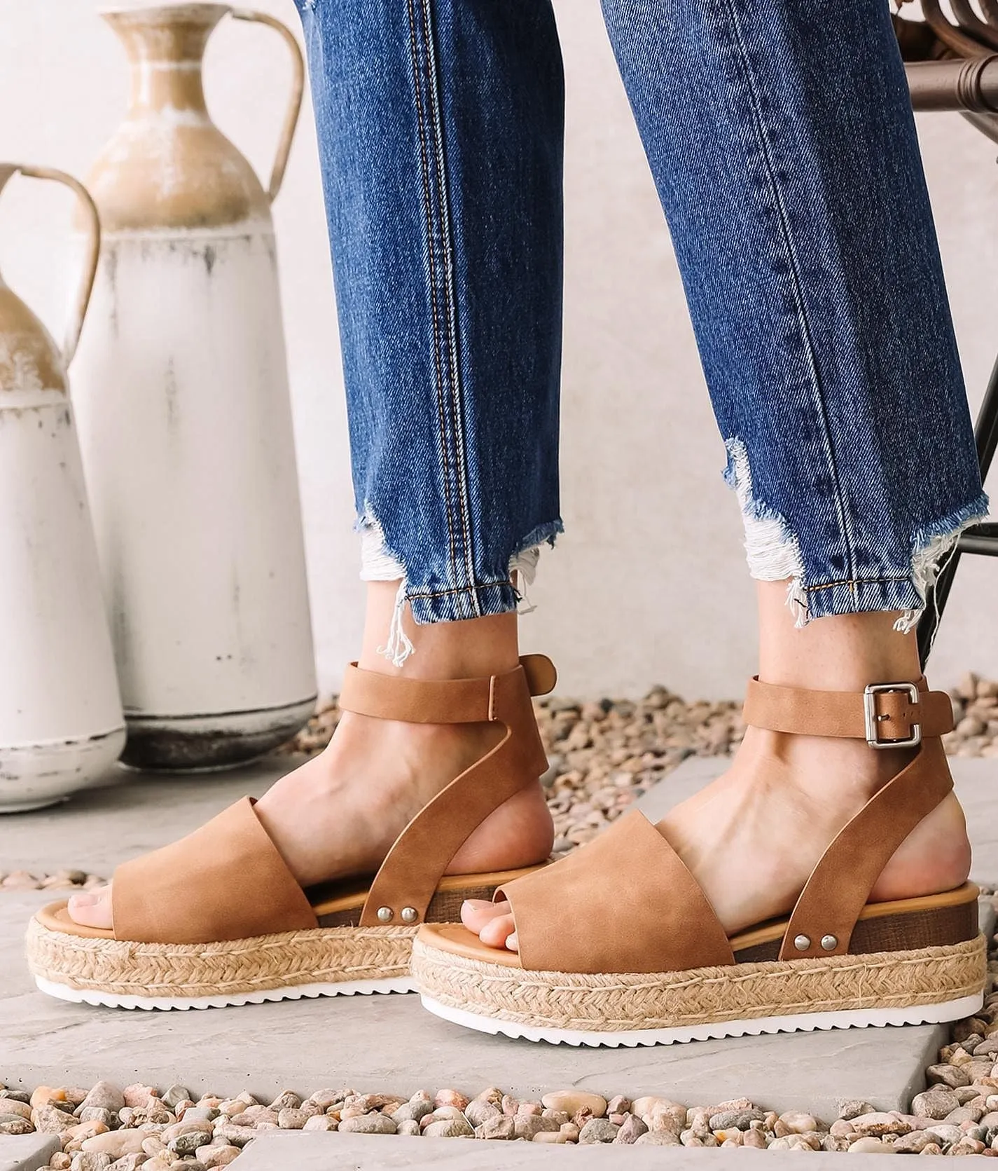 Soda Topic Open Toe Buckle Ankle Strap Espadrilles Flatform Wedge Casual Sandal (7, Tan)