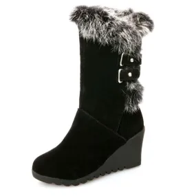 Women's fuzzy plush warm wedge heeled mid calf snow boots