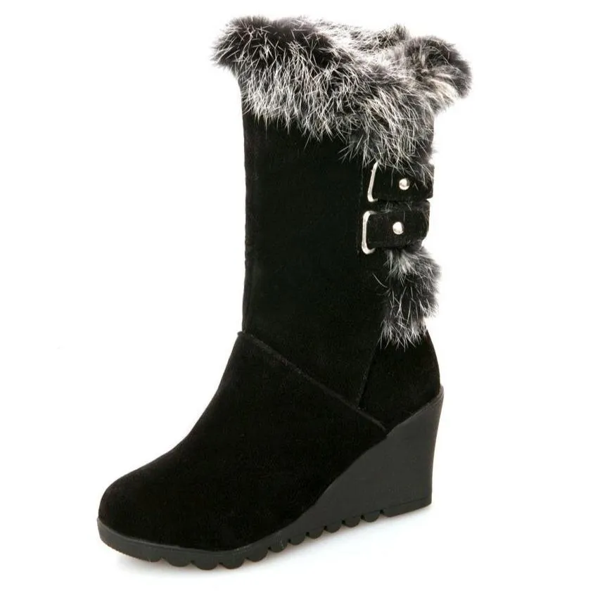 Women's fuzzy plush warm wedge heeled mid calf snow boots