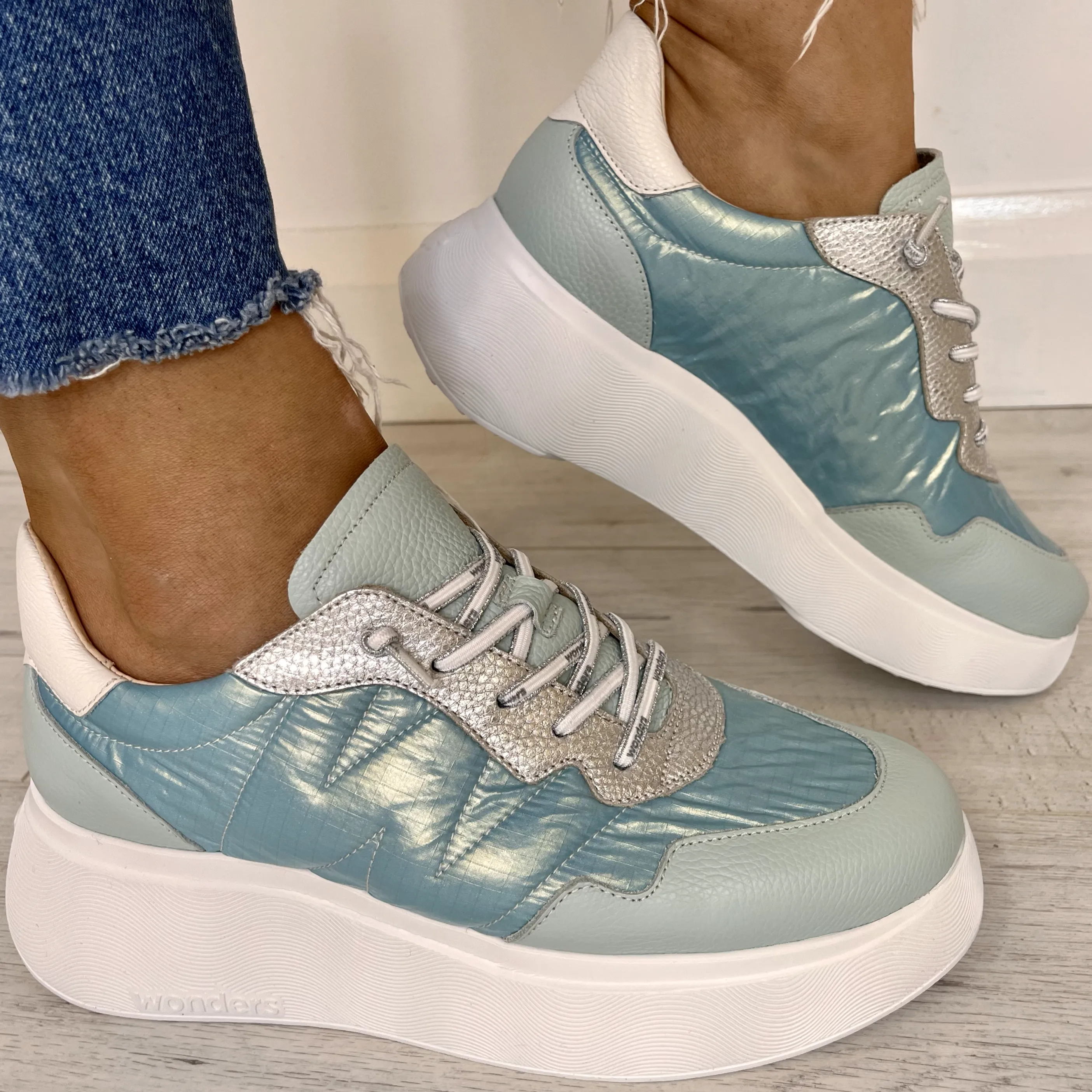 Wonders Blue Leather Elastic Laces Sporty Sneakers
